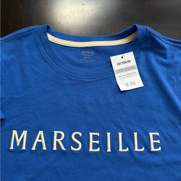 Cotton On Royal Blue Tee with Cream 'Marseille' Size XS Regular Fit - Picture 1 of 9